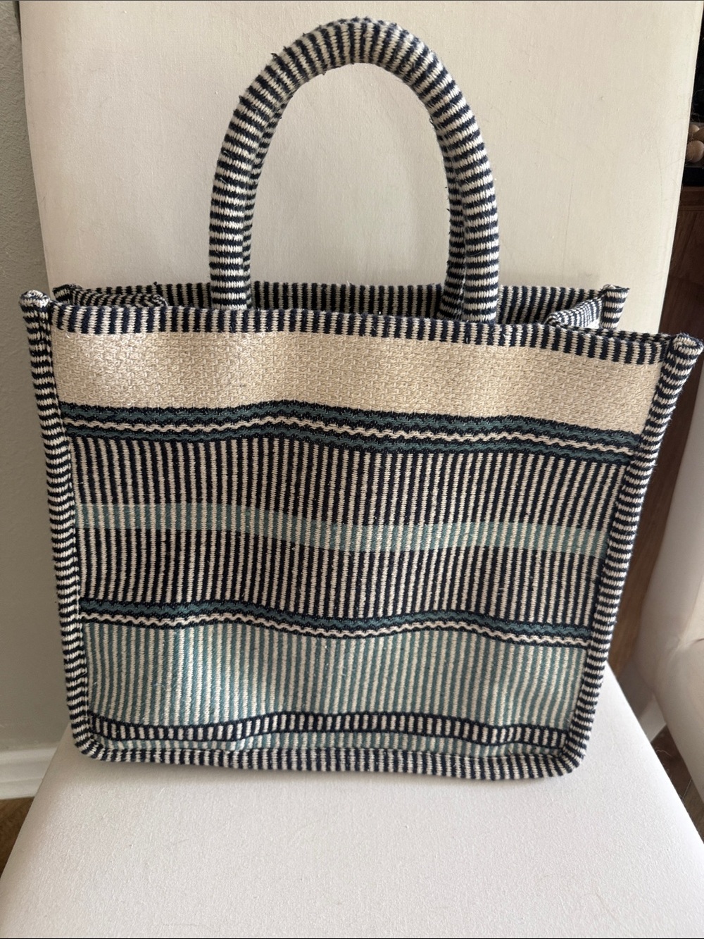 Woven Stripe Tote Bag in Black, Cream & Pale Blue